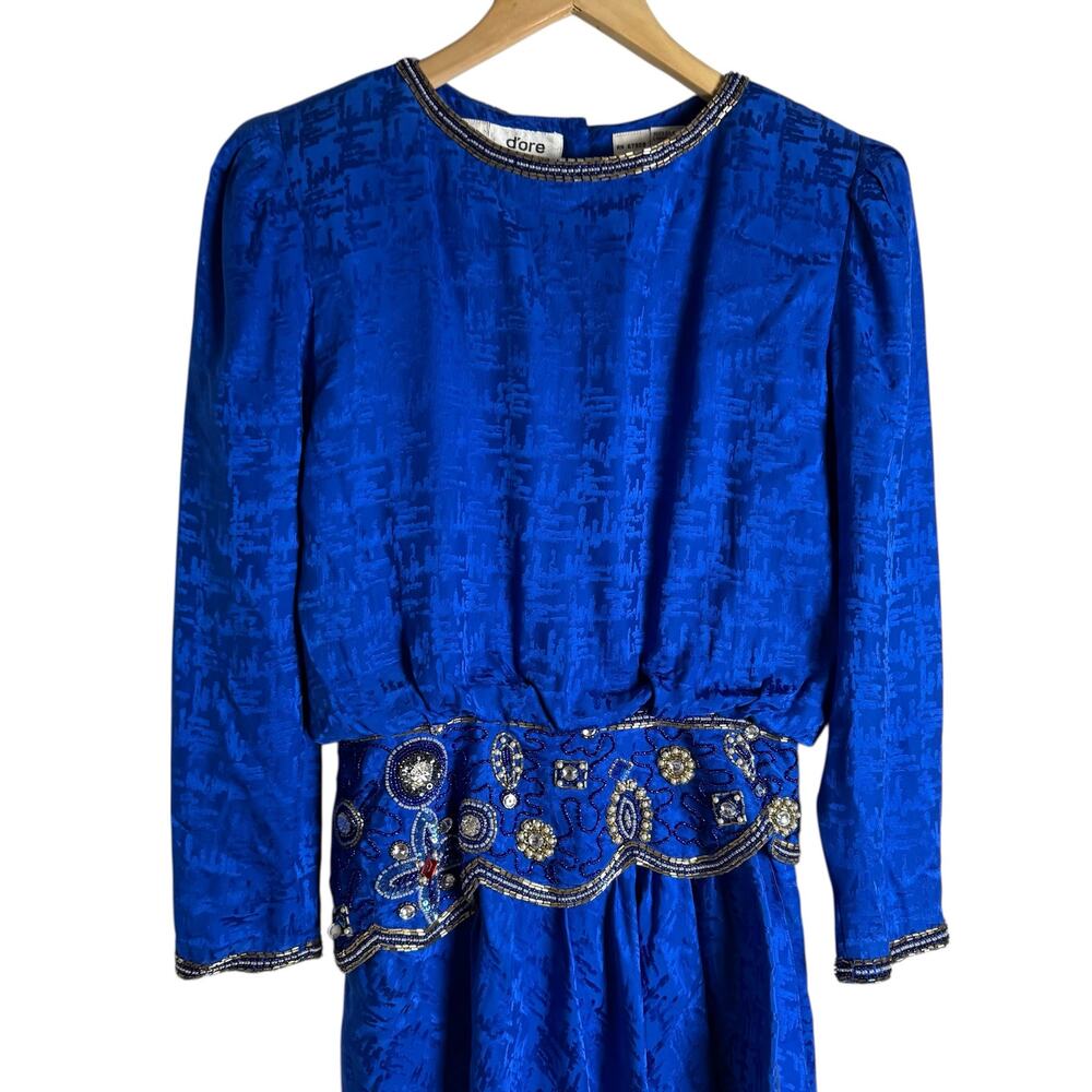Vintage 80s d’ore Royal Blue Jewel Beaded Silk Jacquard Long Sleeve Dress Size 8 - Picture 2 of 11